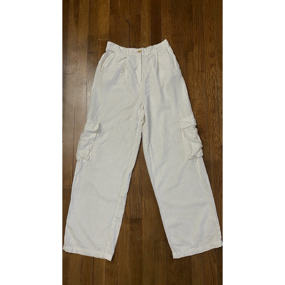 Women's Linen Blend Cargo Pants Size Small White Relaxed Wide Leg Coastal Resort